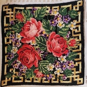 Floral Needlepoint Tapestry with Red Roses